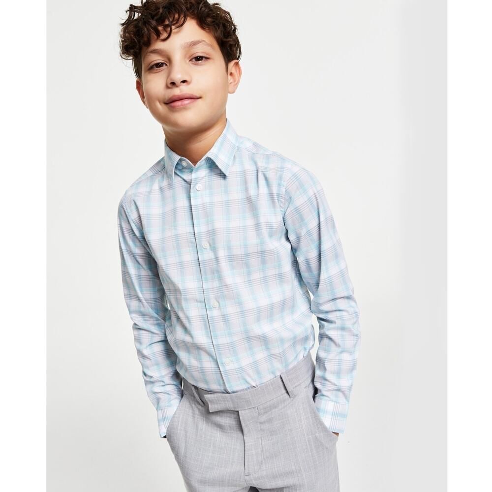 Calvin Klein Boys Blue and Grey Plaid Button Down Stretxh Shirt Size 16
